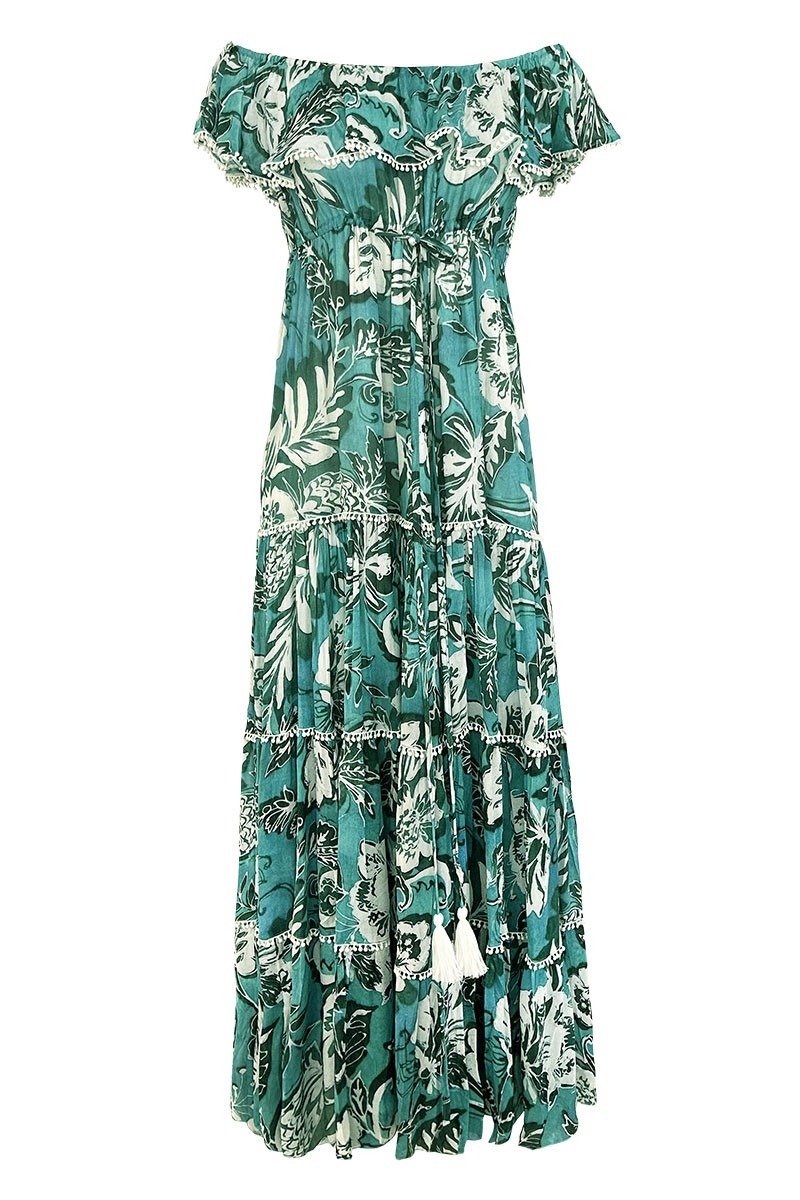 Vestido Longo Erica - verde/azul - estampa floral - estilo boêmio - ombros à mostra - Miss June Paris - 5