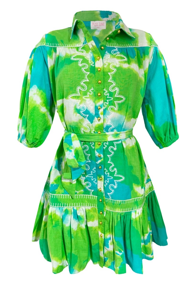 Short Dress Victoria – green/aqua – short sleeves – tie & dye pattern – matching belt – bohemian – Miss June Paris – 4