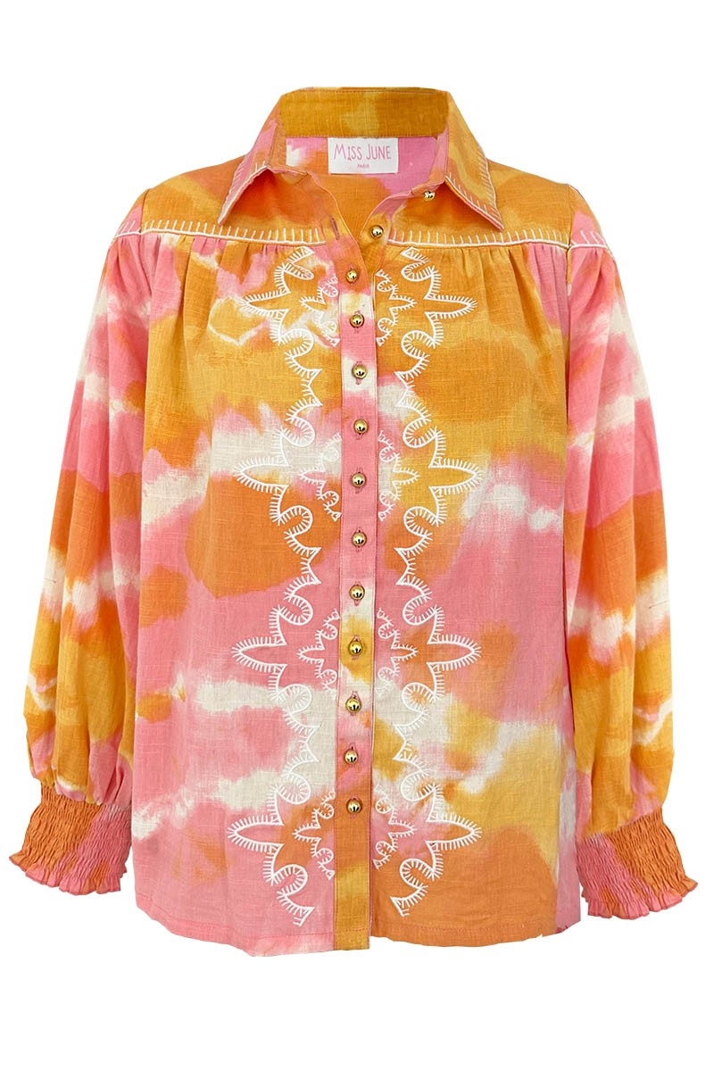Shirt Hayley – pink/orange – puff long sleeves – tie & dye pattern – bohemian – Miss June Paris – 5