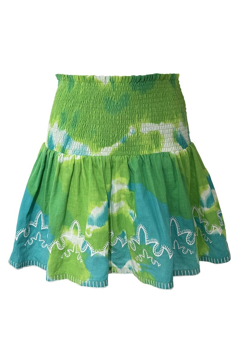 Saia Lelya – verde/água – detalhes bordados – estilo franzido – padrão tie-dye – boêmio – Miss June Paris – 5