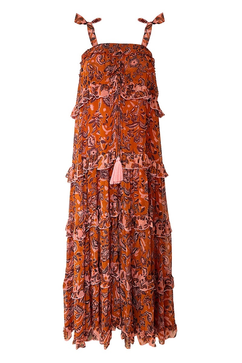 Vestido Longo Vanessa - Laranja - Padrão Floral - Alças Ajustáveis - Pequenos Babados - Boho Chic - Miss June Paris - 5