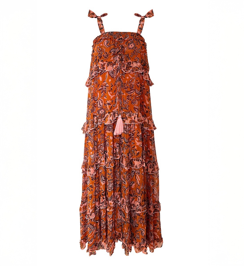 Vanessa Long Dress - Orange - Floral Pattern - Adjustable Straps - Small Ruffles - Boho Chic - Miss June Paris - 5