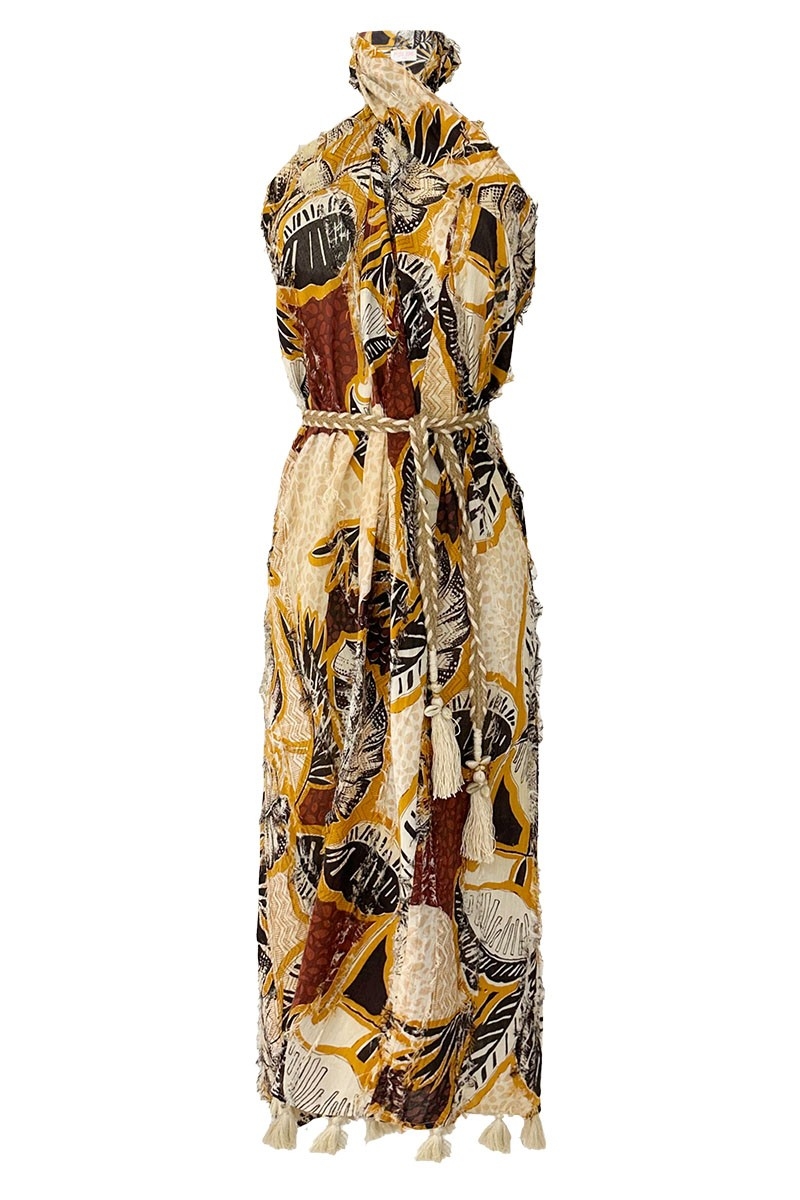 Long Dress Sarah - brown/mustard - tropical print - matching belt - boho - Miss June Paris - 3