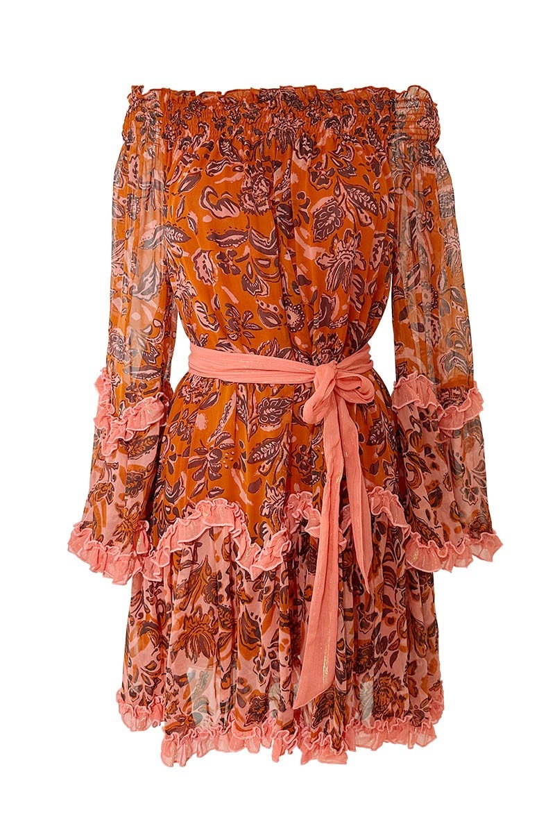 Vestido Curto Melissa - laranja - estampa floral - mangas longas - ombros à mostra - boho - Miss June Paris - 5