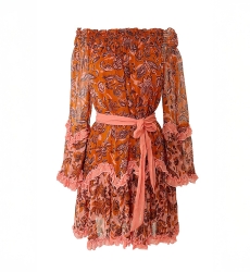 Short Dress Melissa - orange - floral print - long sleeves - off-the-shoulder - boho - Miss June Paris - 5