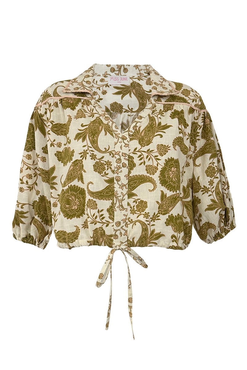 Blouse Demi - ecru - khaki paisley print - V-neckline - tied under the bust - short sleeves - Miss June Paris - 3