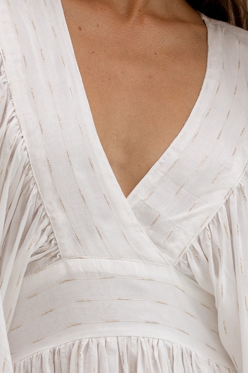 Vestido Corto Janice – blanco – mangas largas – escote en V – cinturón ajustable – Miss June Paris – 7