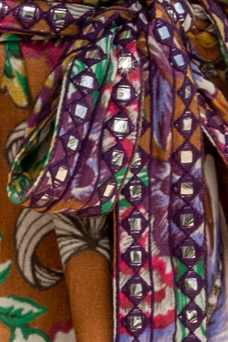 Vestido Longo Wallis - marrom/multicolorido - decorado com pequenos espelhos - cinto combinando - Miss June Paris - 8