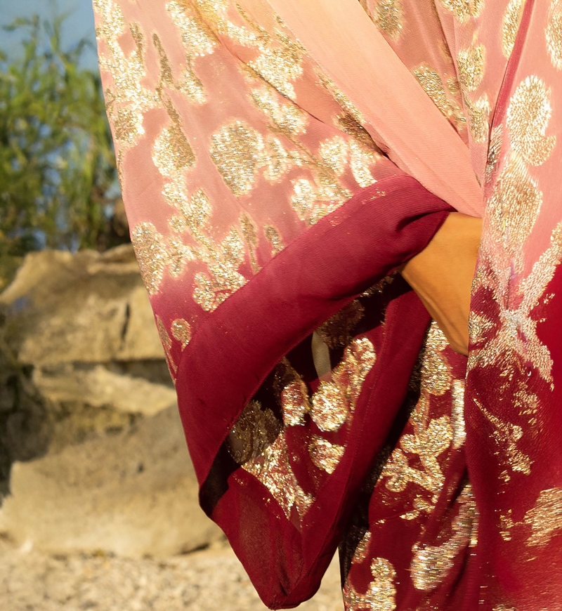 Short Kimono Leny – peach/burgundy – golden details – lurex – bohemian – Miss June Paris – 7