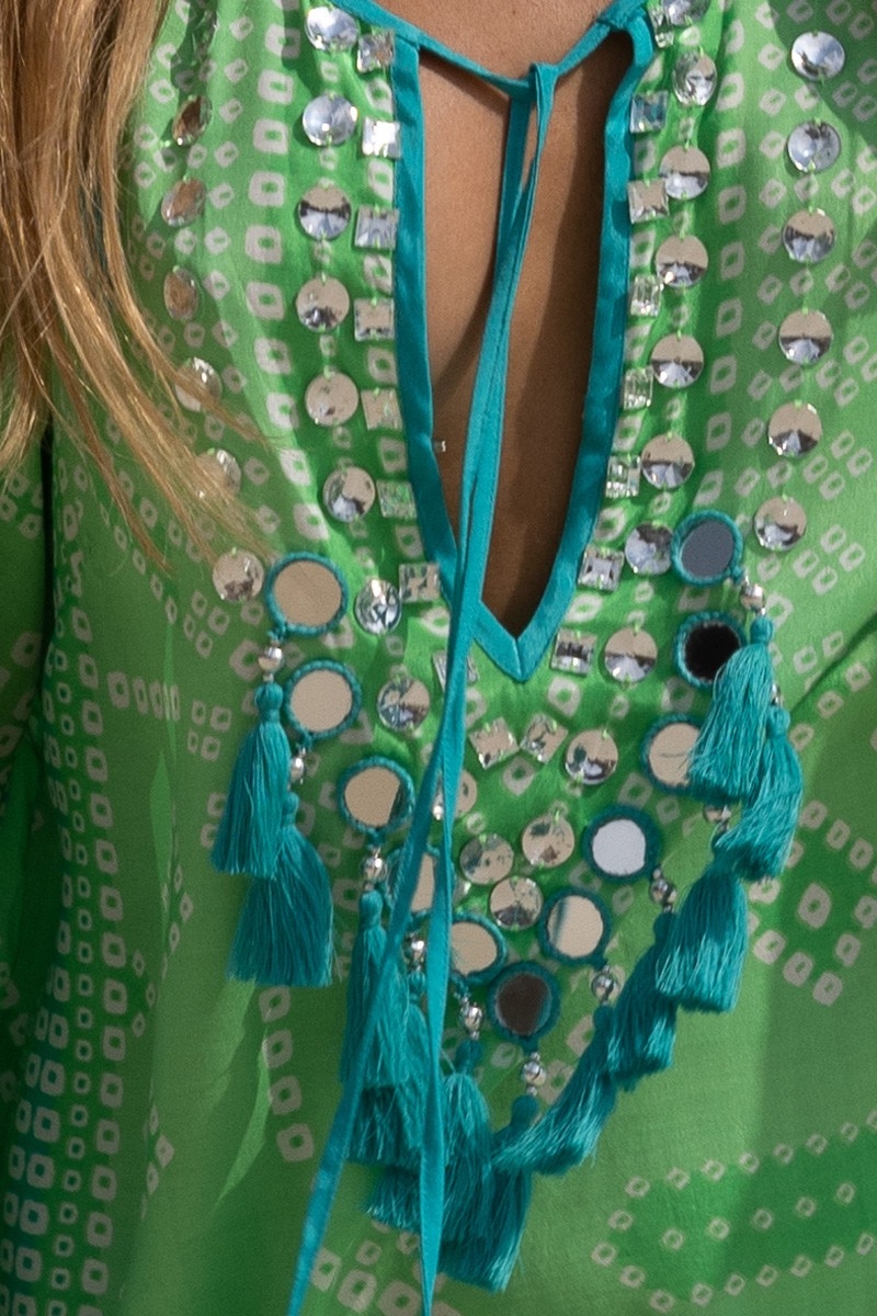 Long Dress Jorja - green - decorated plastron - long sleeves - bohemian - Miss June Paris - 6