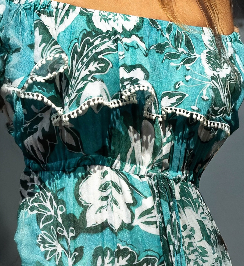 Vestido Largo Erica - verde/azul - estampado floral - estilo bohemio - hombros descubiertos - Miss June Paris - 6