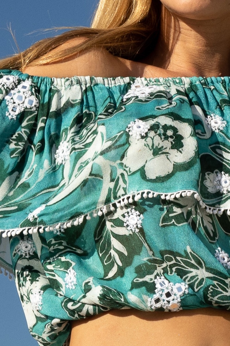 Top de Ombros Descobertos Thea – verde – estampa floral branca – estilo boêmio – Miss June Paris – 7