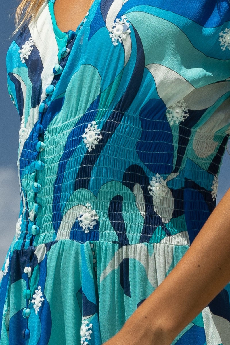 Long Dress Scarlett – blue/white – bohemian print – V-neck – smocked belt – Miss June Paris – 6