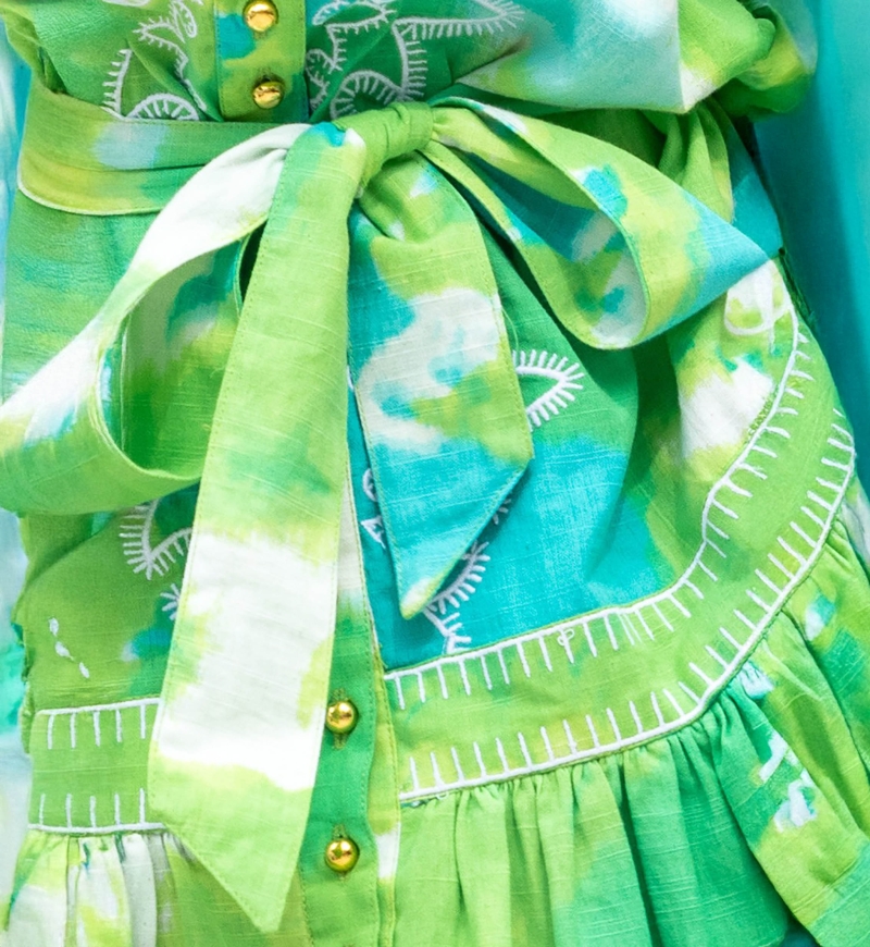 Short Dress Victoria – green/aqua – short sleeves – tie & dye pattern – matching belt – bohemian – Miss June Paris – 6