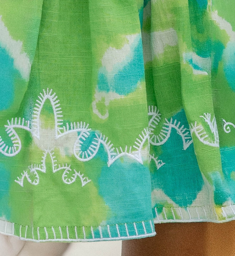 Skirt Lelya – green/aqua – embroidered details – smocked style – tie & dye pattern – bohemian – Miss June Paris – 7