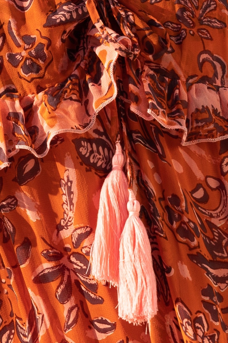 Vestido Largo Vanessa - Naranja - Motivo Floral - Tirantes Ajustables - Pequeños Volantes - Boho Chic - Miss June Paris - 8