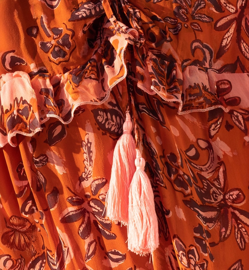 Vanessa Long Dress - Orange - Floral Pattern - Adjustable Straps - Small Ruffles - Boho Chic - Miss June Paris - 8