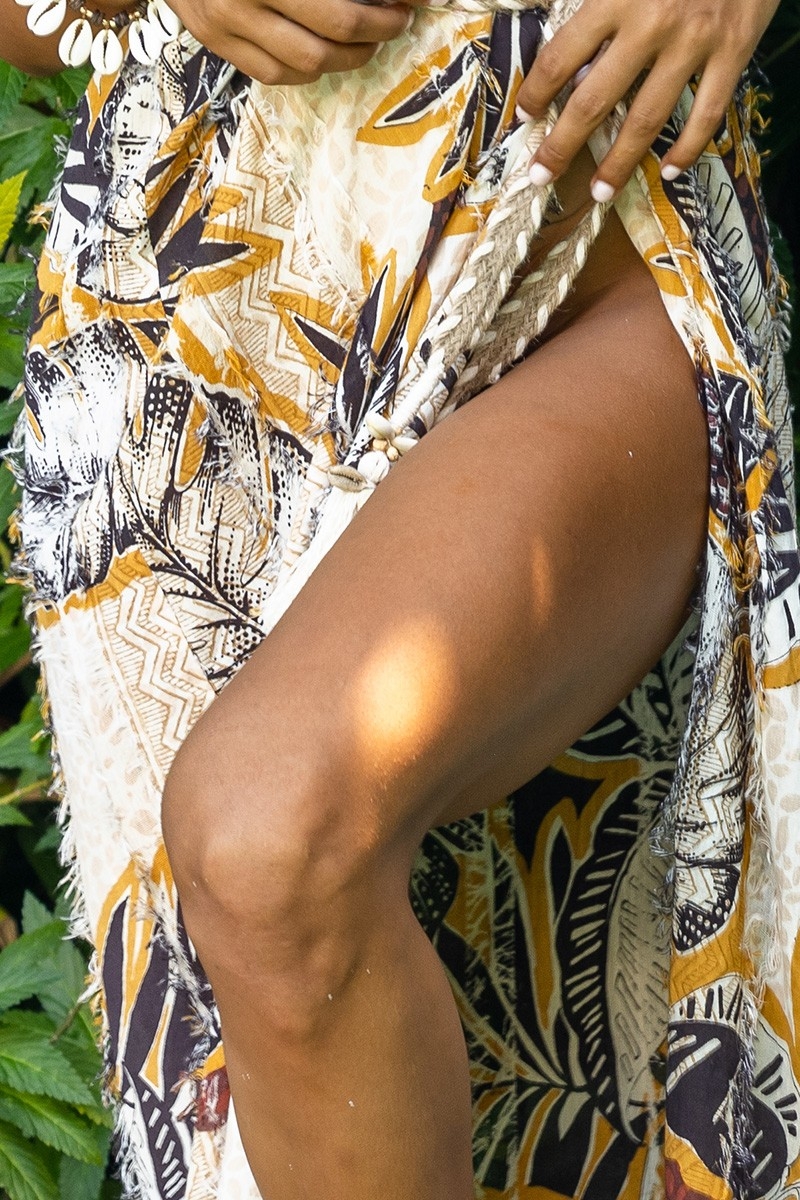 Vestido Longo Sarah - marrom/mostarda - estampa tropical - cinto combinando - boho - Miss June Paris - 7