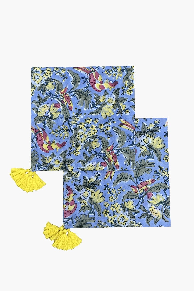 Guardanapos Blue Birds (Conjunto de 2) – azul/amarelo/vermelho – design floral boêmio – Jardim Botânico – Miss June Paris – 1