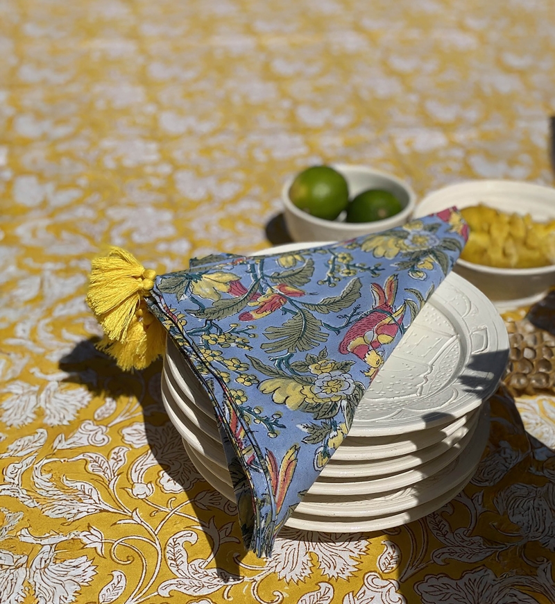 Blue Birds Napkin Set (Set of 2) – blue/yellow/red – bohemian floral design – Jardin Botanique – Miss June Paris – 2